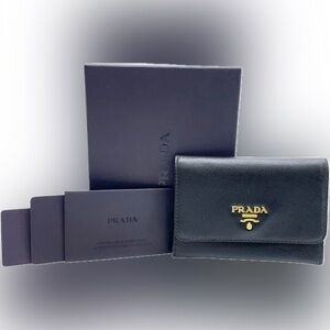 Prada Saffiano Leather Black Card Case Wallet with Box & Paperwork
